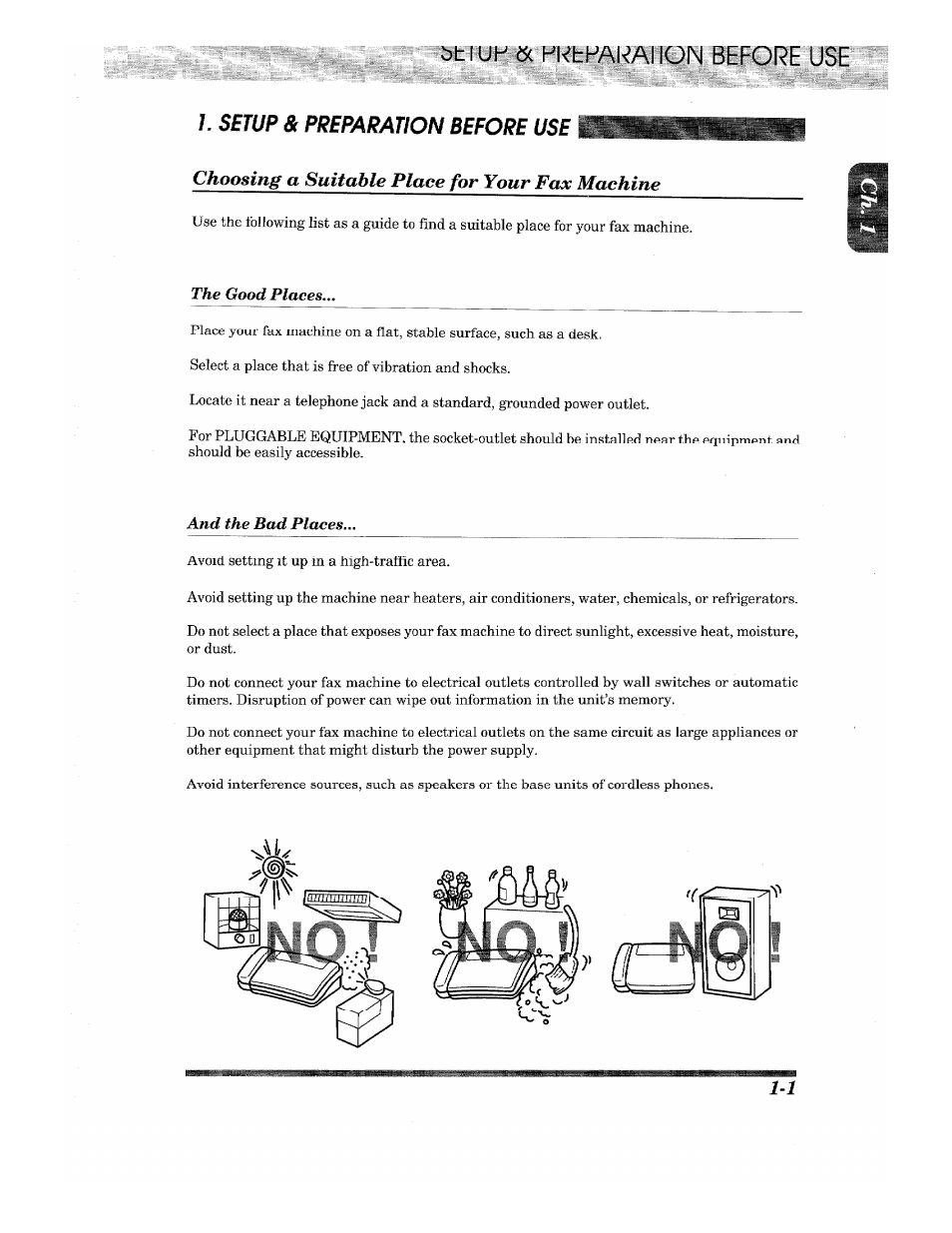 L«jyrsc^m.;tkal^khün before use, Setup & preparation before use, Choosing a suitable place for your fax machine | Brother INTELLIFAX 710M User Manual | Page 9 / 92