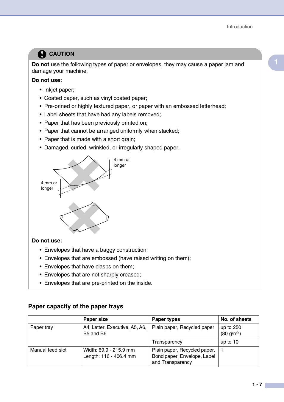 Paper capacity of the paper trays | Brother DCP-7010L User Manual | Page 15 / 69