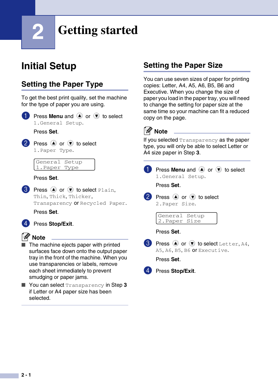 2 getting started, Initial setup, Setting the paper type | Setting the paper size, Getting started, Initial setup -1 | Brother DCP-7010L User Manual | Page 18 / 69