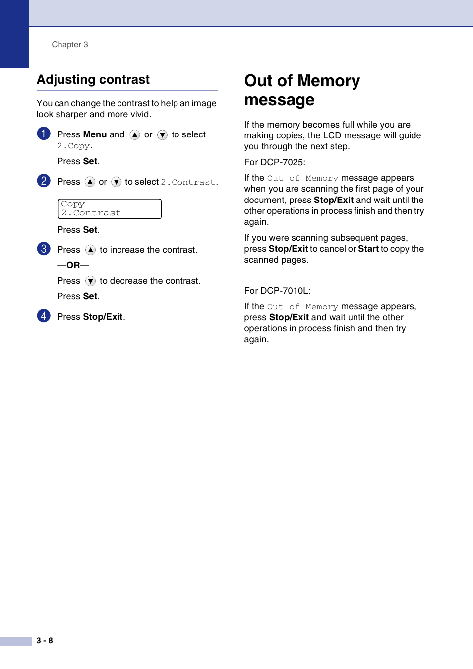 Adjusting contrast, Out of memory message, Adjusting contrast -8 | Out of memory message -8 | Brother DCP-7010L User Manual | Page 28 / 69
