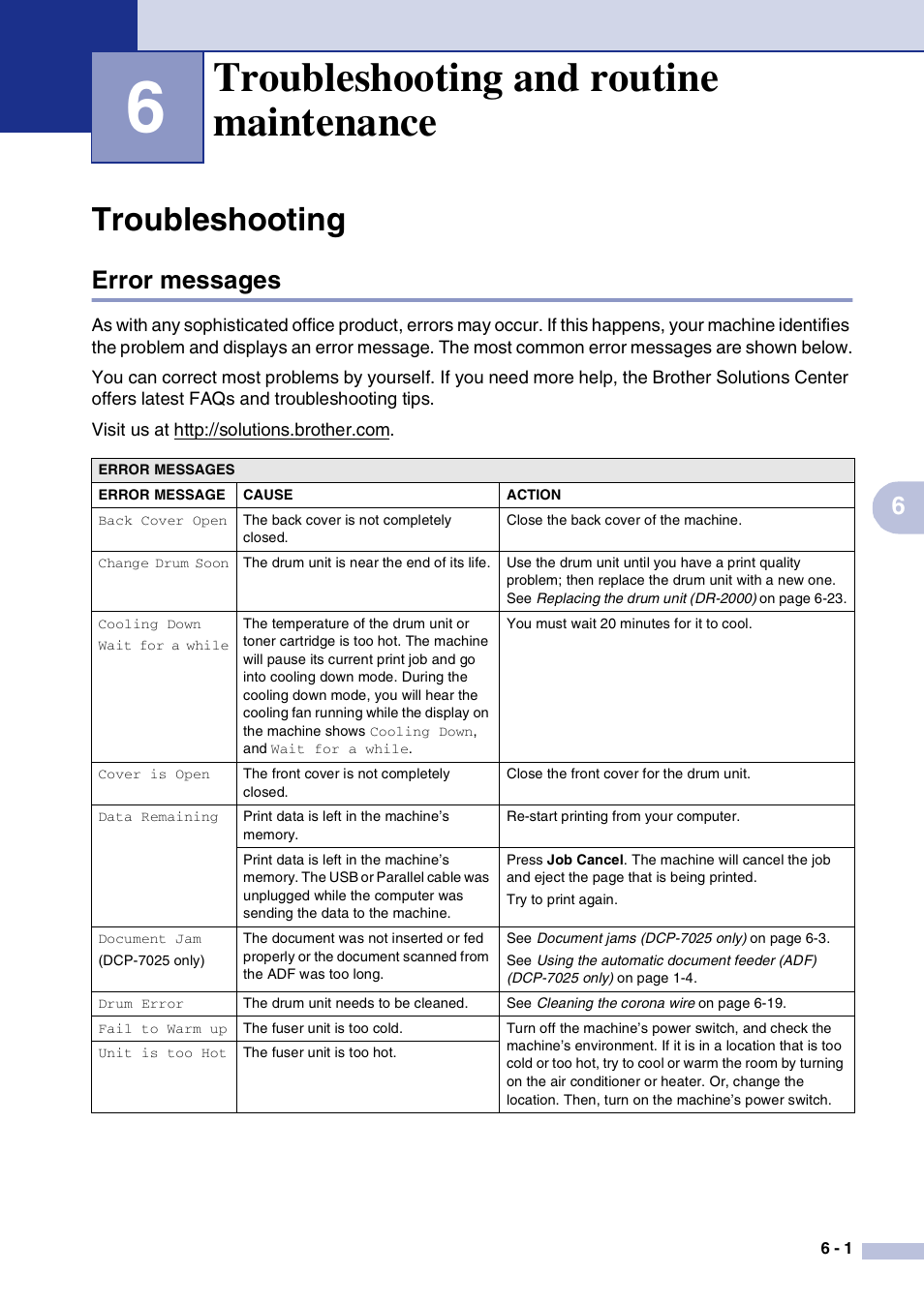 6 troubleshooting and routine maintenance, Troubleshooting, Error messages | Troubleshooting and routine maintenance, Troubleshooting -1, Error messages -1 | Brother DCP-7010L User Manual | Page 33 / 69