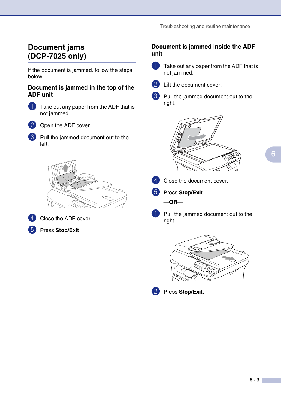 Document jams (dcp-7025 only), Document is jammed in the top of the adf unit, Document is jammed inside the adf unit | Document jams (dcp-7025 only) -3 | Brother DCP-7010L User Manual | Page 35 / 69