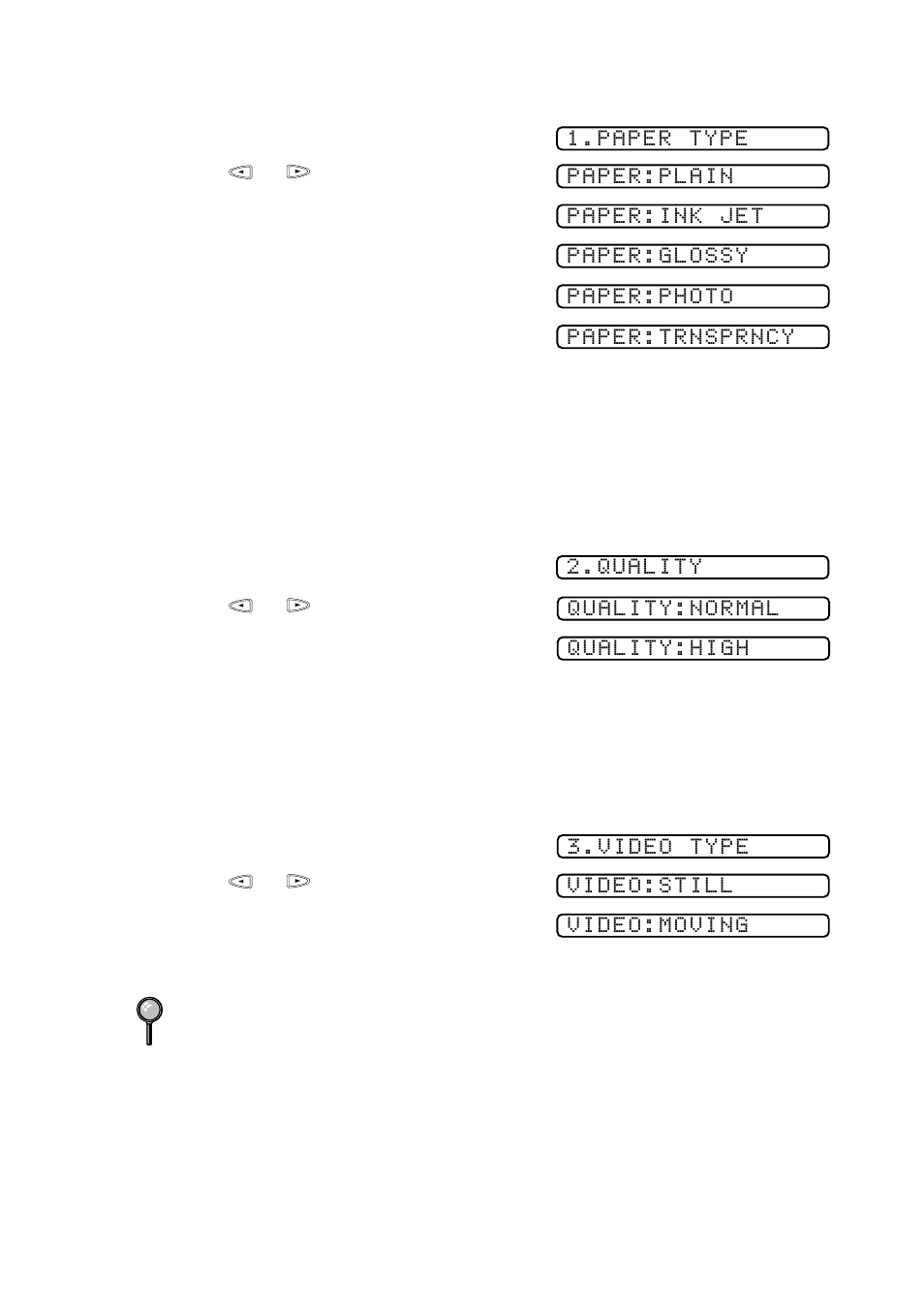 Paper type, Video printing quality, Video type | Paper type 1, Video printing quality 1 | Brother MFC 9200C User Manual | Page 101 / 244
