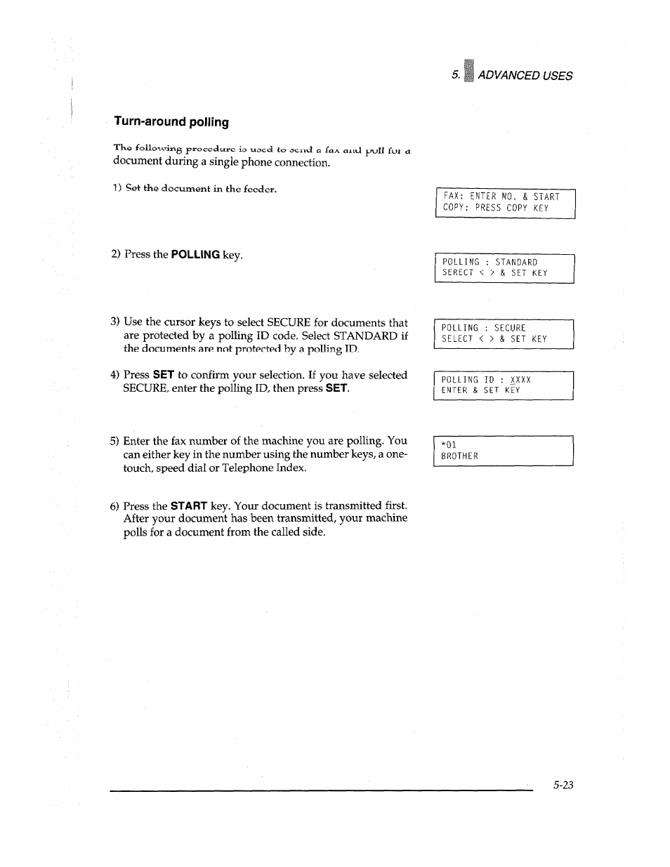 Turn-around polling, Standard polling -20, Document during a single phone connection | 2) press the, 6) press the | Brother Fax-700 User Manual | Page 103 / 148