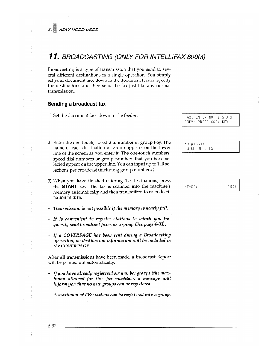 Sending a broadcast fax, Sending a broadcast fax -32, Broadcasting (only for intellifax boom) | Brother Fax-700 User Manual | Page 112 / 148