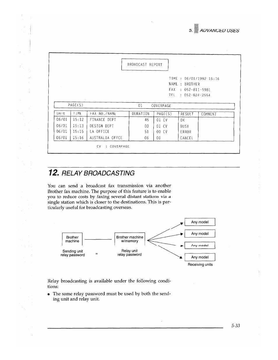 Relay broadcasting, Any modei receiving units | Brother Fax-700 User Manual | Page 113 / 148