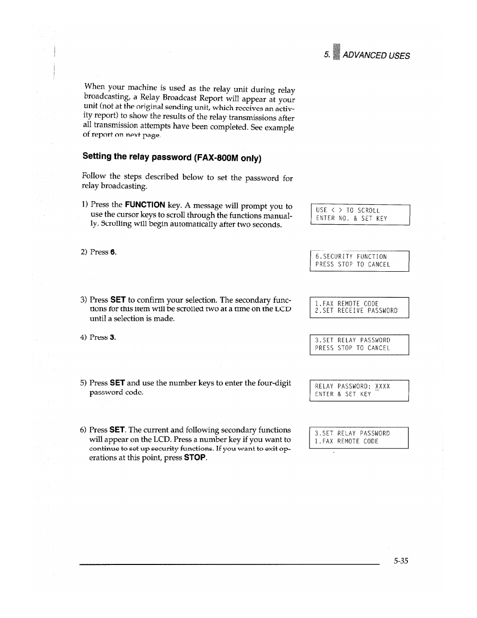 Setting the relay password (fax-800m only), Setting the relay password (fax-800m only) -35 | Brother Fax-700 User Manual | Page 115 / 148