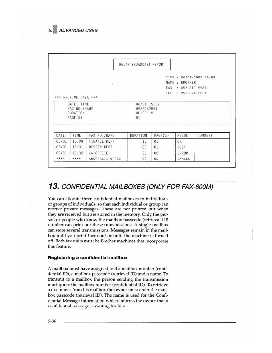 Registering a confidentiai mailbox, Registering a confidential mailbox -36, Confidential mailboxes (only for fax-800m) | Brother Fax-700 User Manual | Page 116 / 148