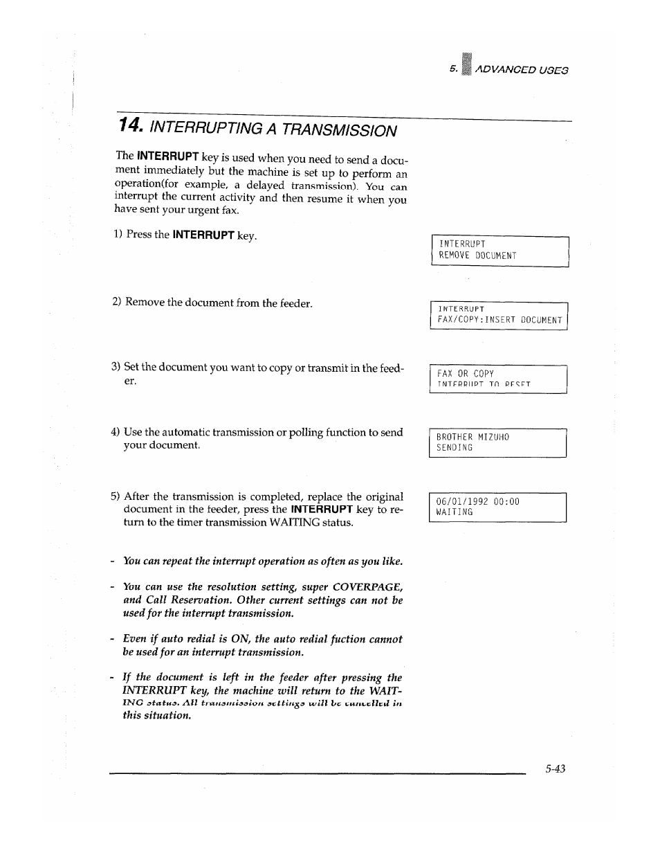 Interrupting a transmission | Brother Fax-700 User Manual | Page 123 / 148