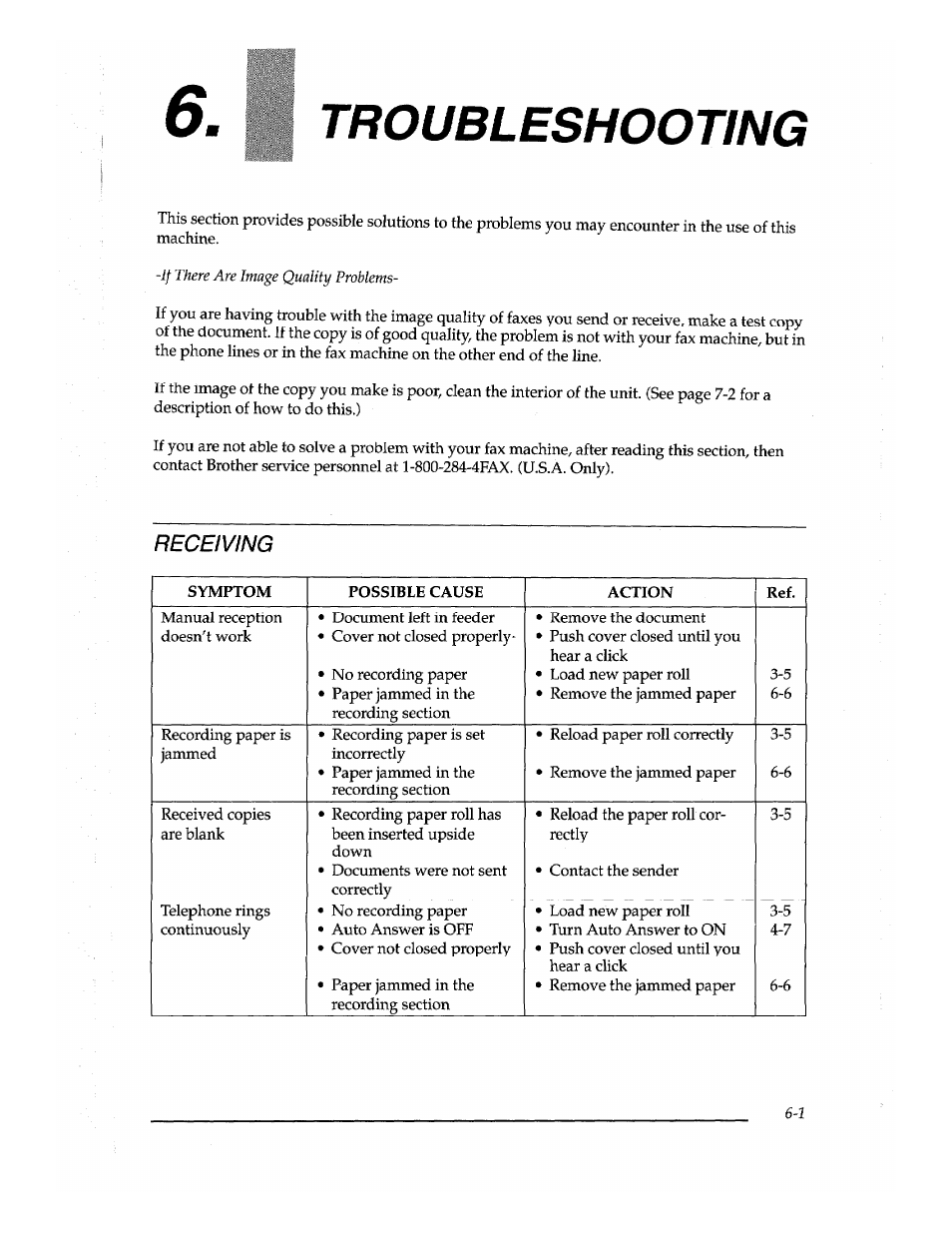 Troubleshooting, Receiving | Brother Fax-700 User Manual | Page 131 / 148