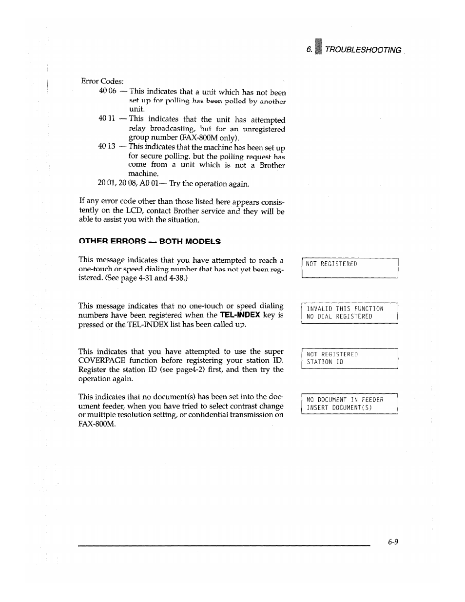 Other errors — both models, Other errors — both models -9 | Brother Fax-700 User Manual | Page 139 / 148