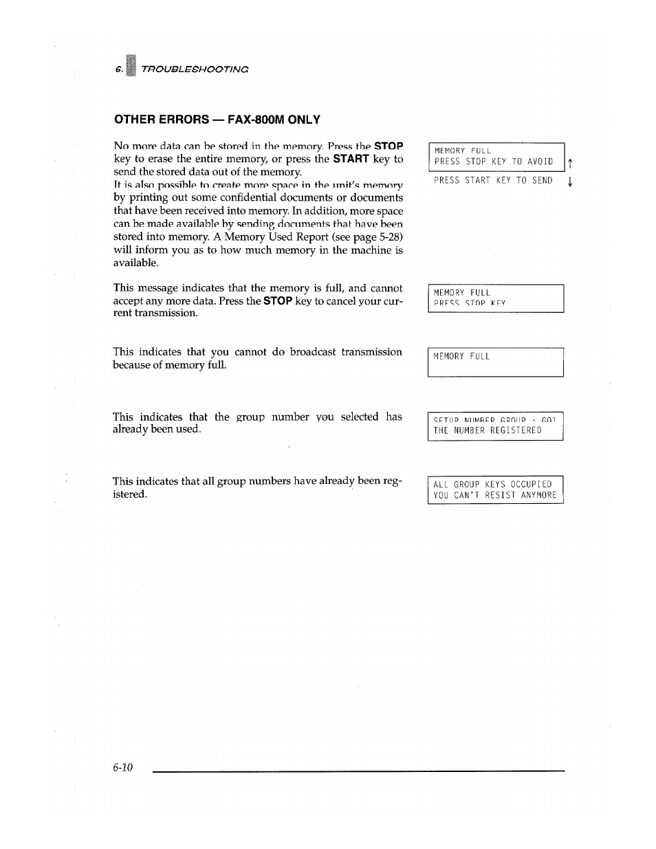 Other errors — fax-800m only, Other errors — fax-800m only -10 | Brother Fax-700 User Manual | Page 140 / 148