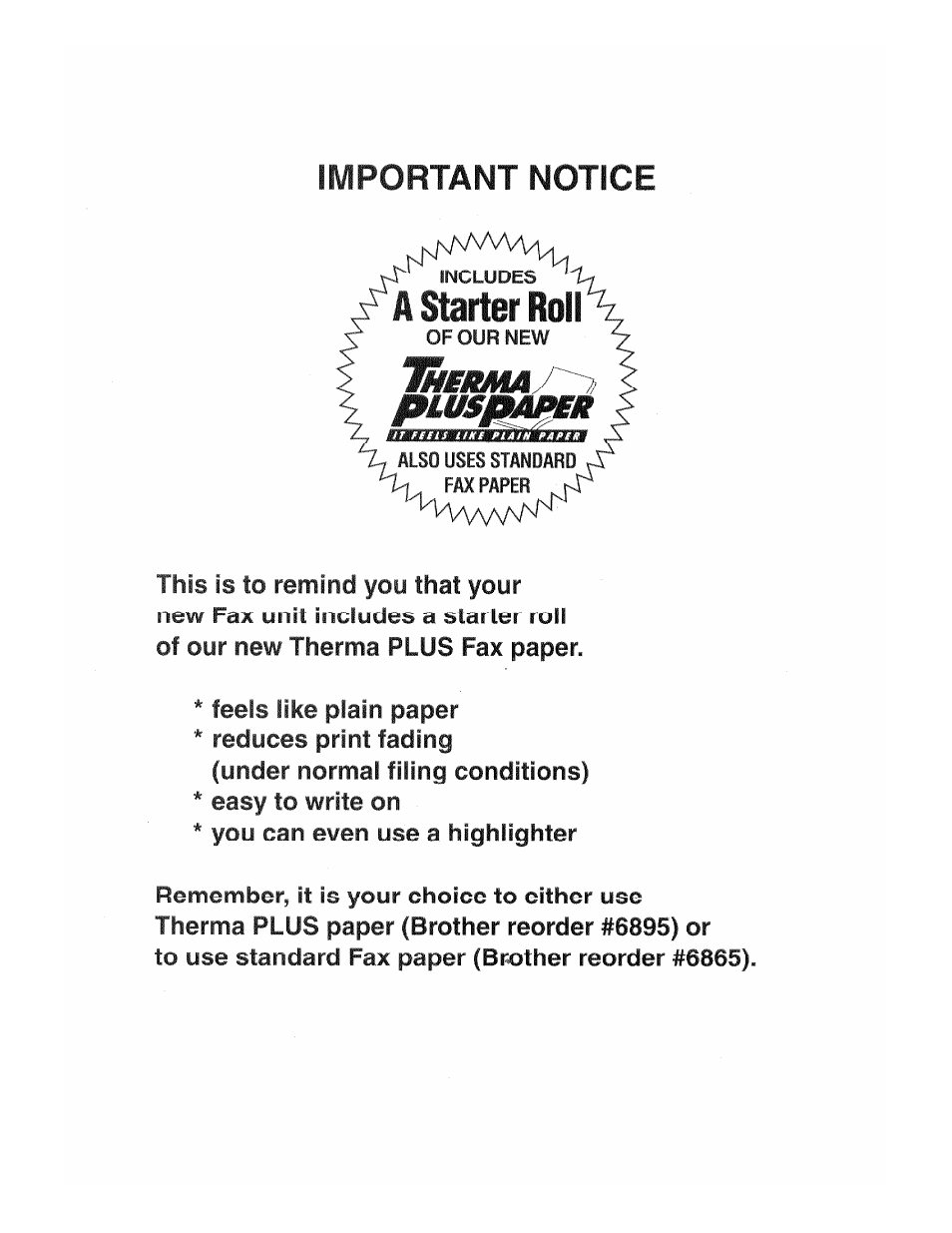 A starter roll, Important notice, Pluspamr | Brother Fax-700 User Manual | Page 2 / 148