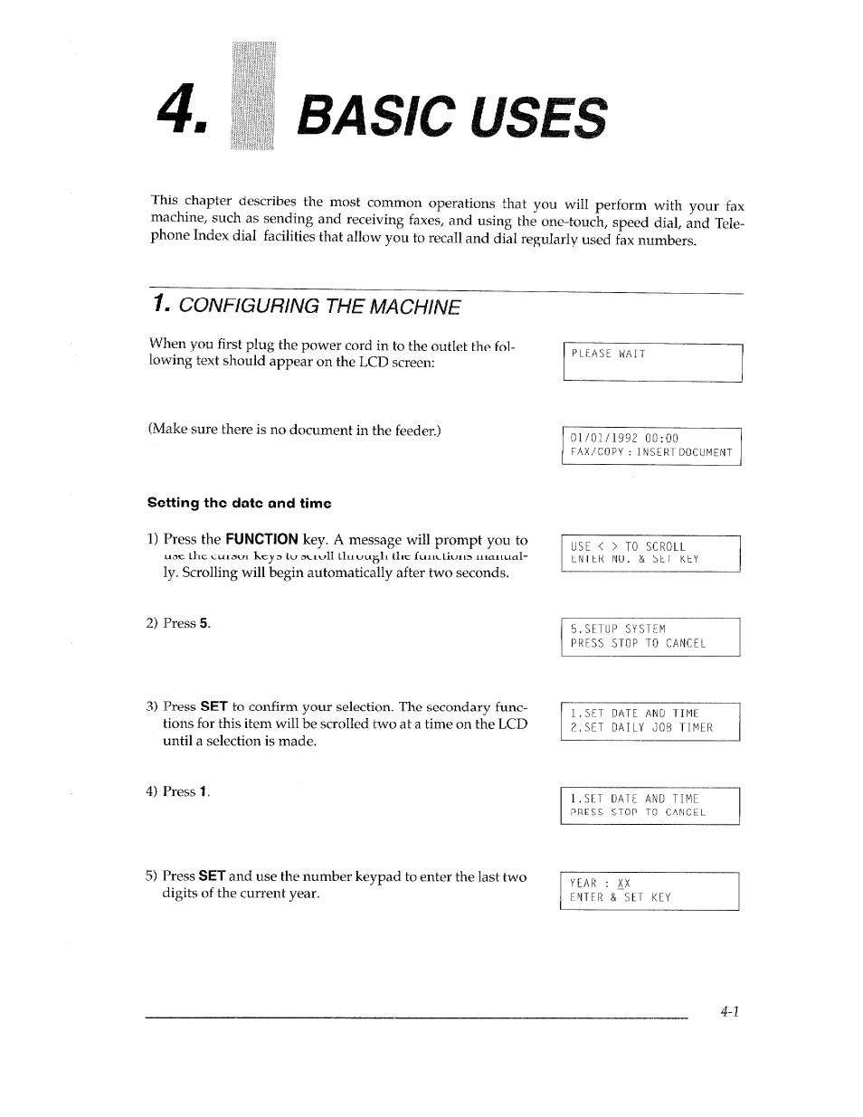 1 basic uses, Setting the date and time, Basic uses -1 | Basic uses | Brother Fax-700 User Manual | Page 35 / 148