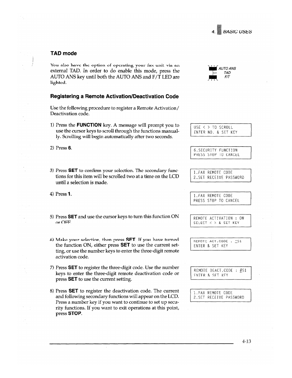Tad mode, Registering a remote activation/deactivation code | Brother Fax-700 User Manual | Page 47 / 148