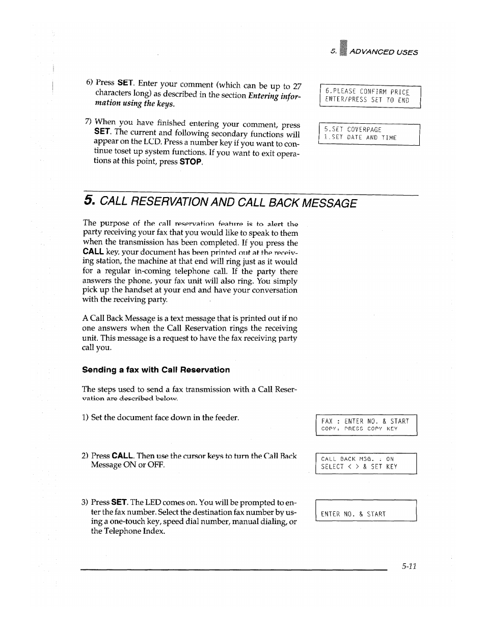 Sending a fax with call reservation, Sending a fax with call reservation -11, Call reservation and call back message | Brother Fax-700 User Manual | Page 91 / 148