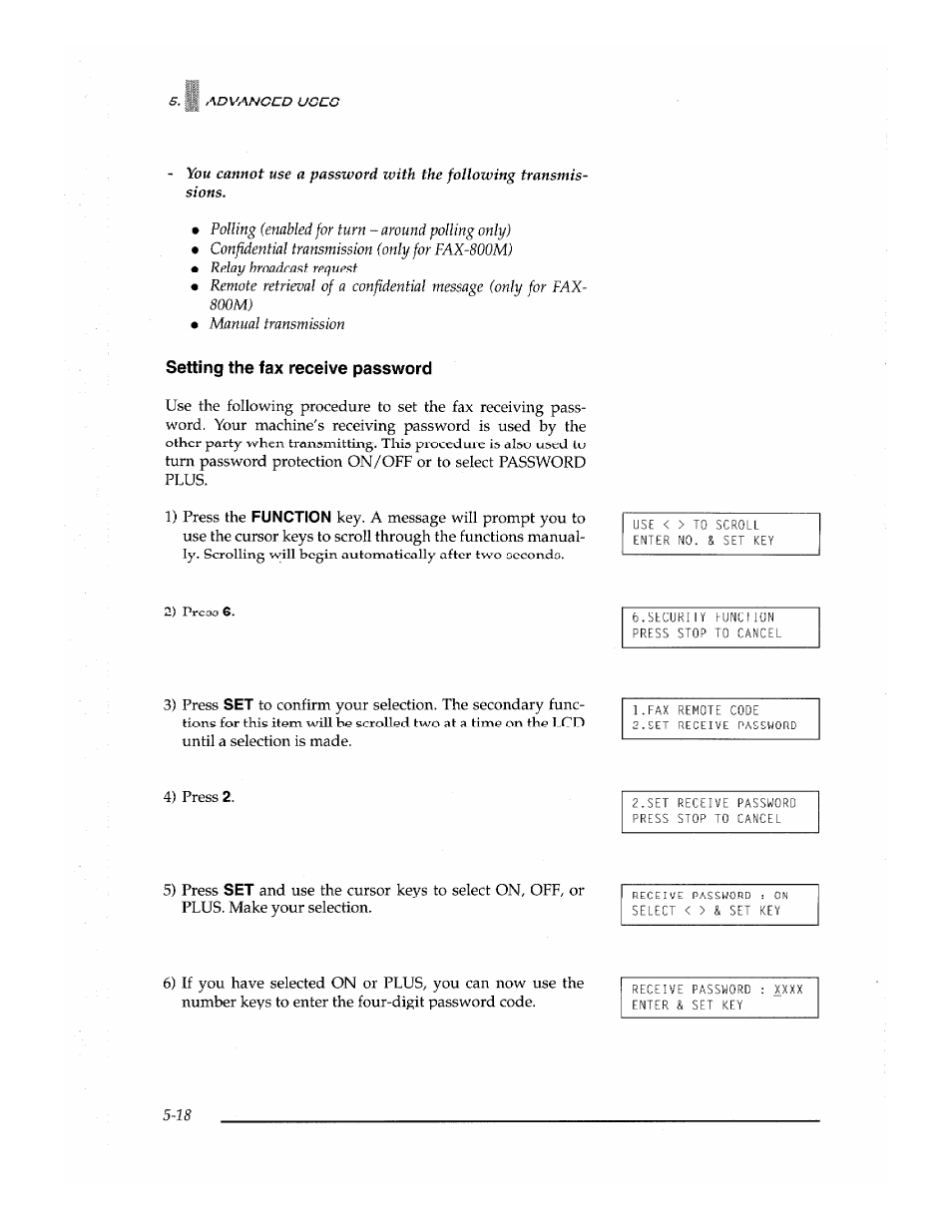 Setting the fax receive password, Setting the fax receive password -18 | Brother Fax-700 User Manual | Page 98 / 148