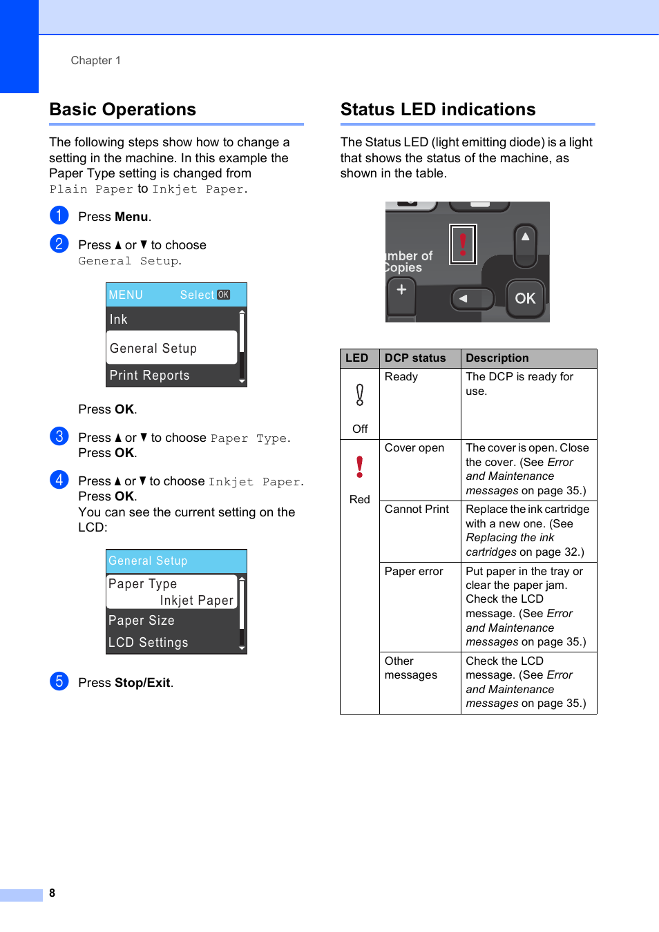 Basic operations, Status led indications, Basic operations status led indications | Brother DCP-J125 User Manual | Page 22 / 83