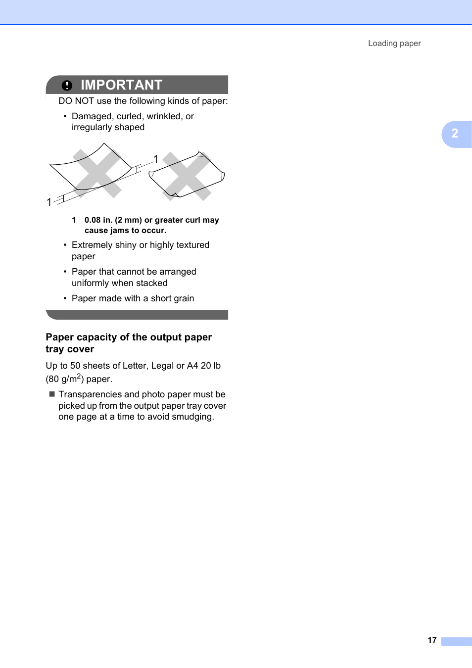 Paper capacity of the output paper tray cover, Important | Brother DCP-J125 User Manual | Page 31 / 83