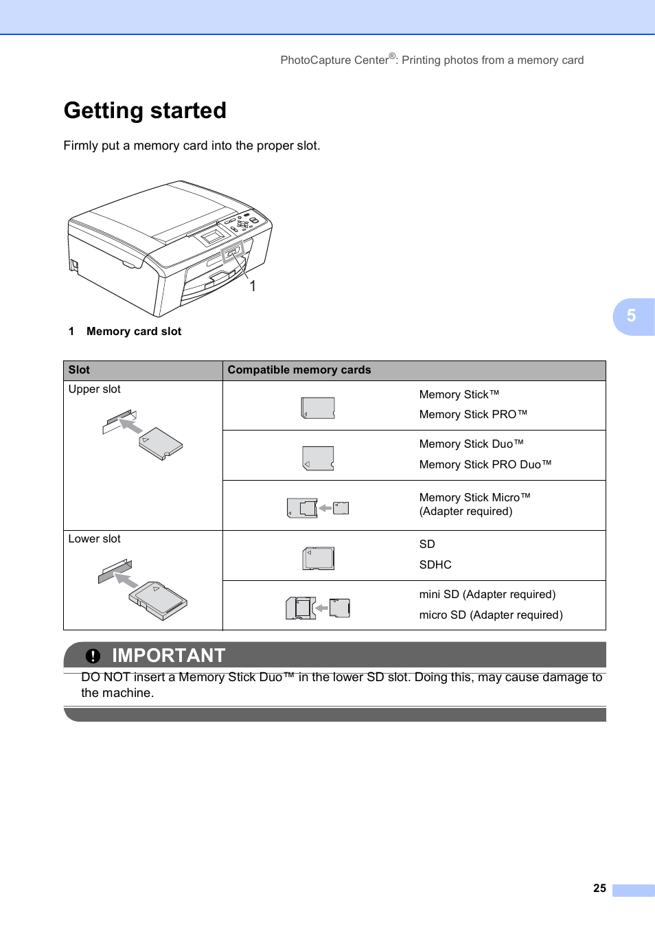 Getting started, Important | Brother DCP-J125 User Manual | Page 39 / 83