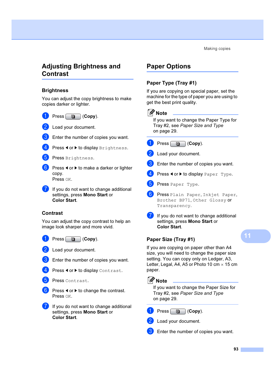 Brightness, Contrast, Paper type (tray #1) | Paper size (tray #1), Adjusting brightness and contrast paper options, 11 adjusting brightness and contrast, Paper options | Brother MFC 6890CDW User Manual | Page 102 / 227