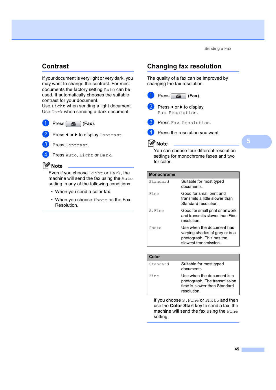 Contrast changing fax resolution, 5contrast, Changing fax resolution | Brother MFC 6890CDW User Manual | Page 54 / 227