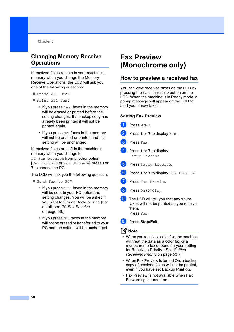 Fax preview (monochrome only), Setting fax preview, Changing memory receive operations | How to preview a received fax, Fax preview | Brother MFC 6890CDW User Manual | Page 67 / 227