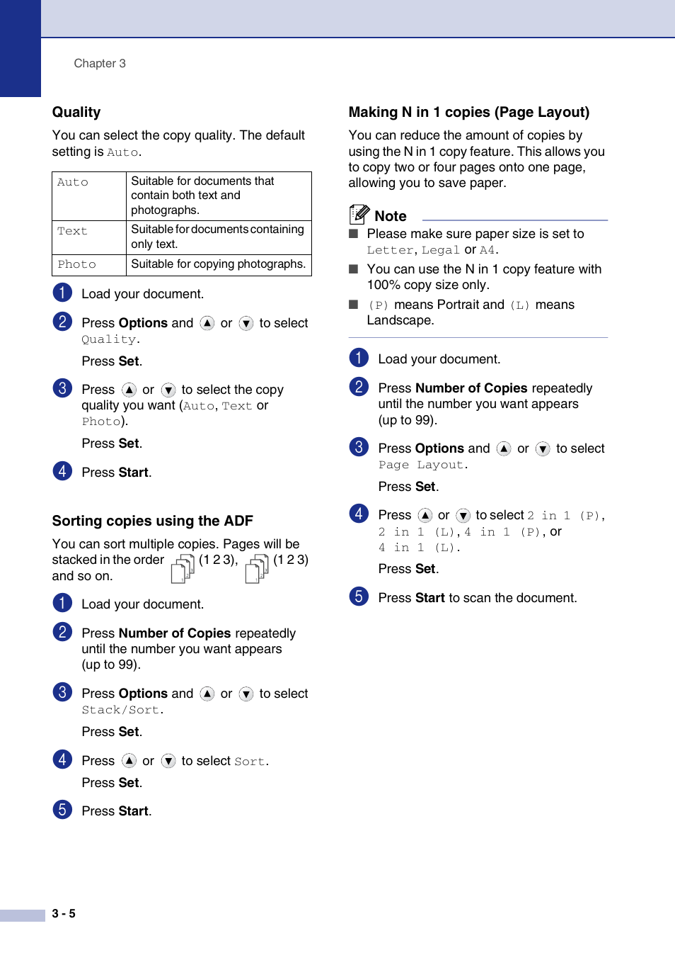 Quality, Sorting copies using the adf | Brother DCP-7020 User Manual | Page 32 / 79