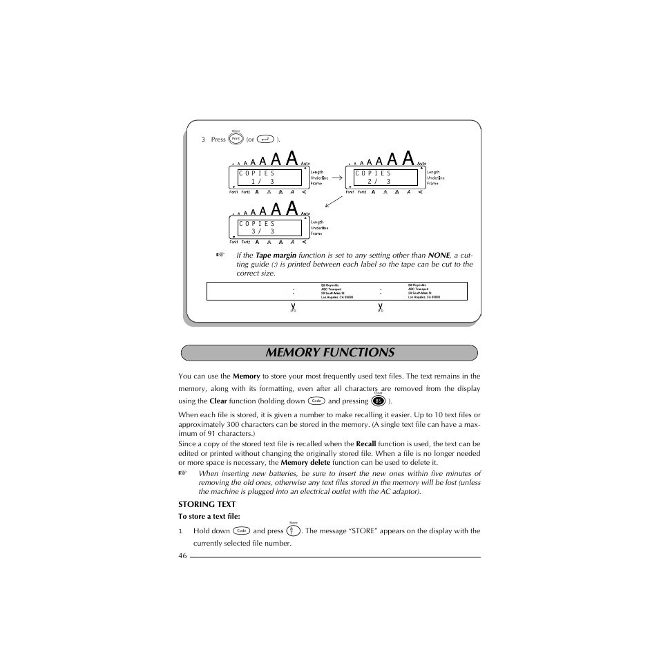 Memory functions, Storing text | Brother P-TOUCH 1900 User Manual | Page 50 / 66