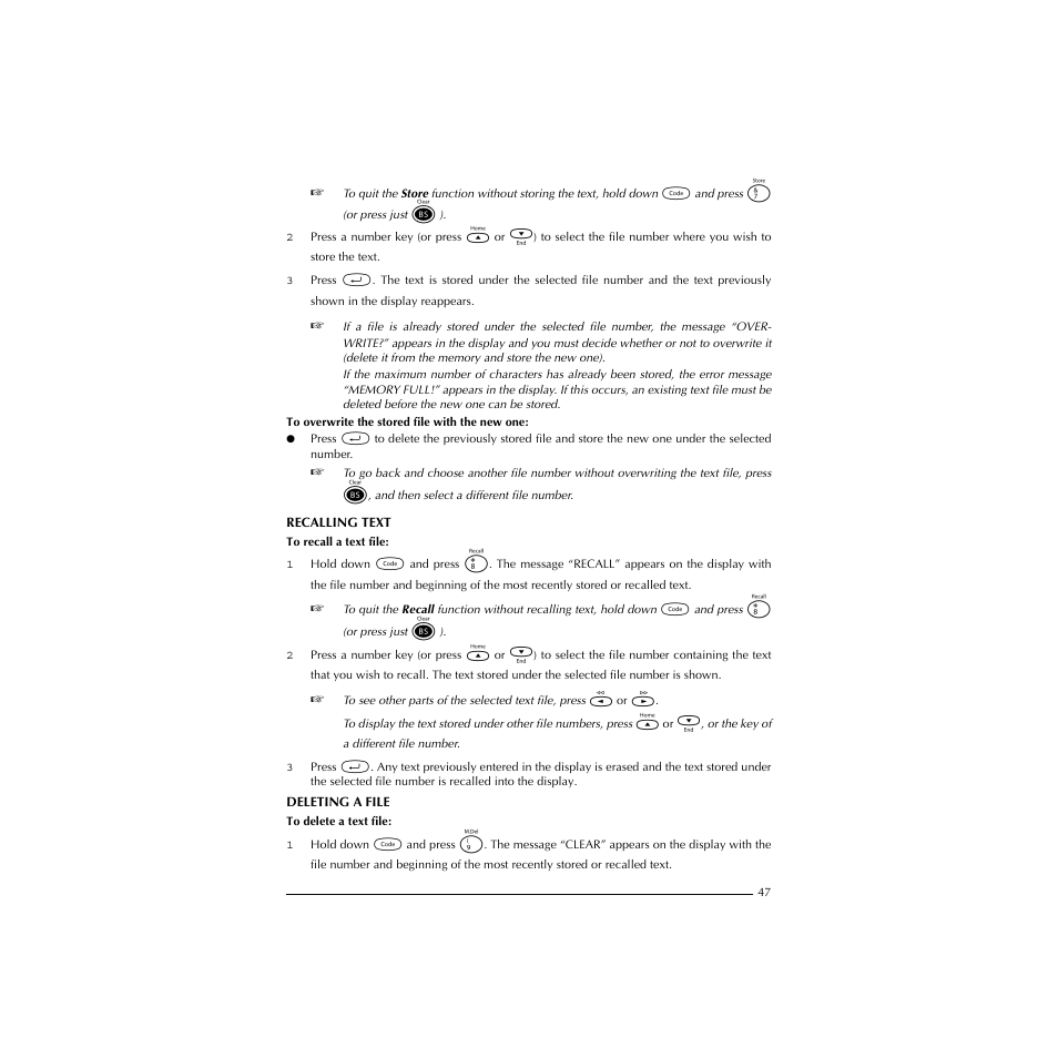 Recalling text, Deleting a file | Brother P-TOUCH 1900 User Manual | Page 51 / 66