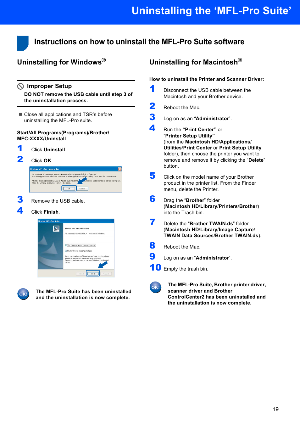 Uninstalling the ‘mfl-pro suite, Uninstalling for windows, Uninstalling for macintosh | Brother MFC-3360C User Manual | Page 21 / 24