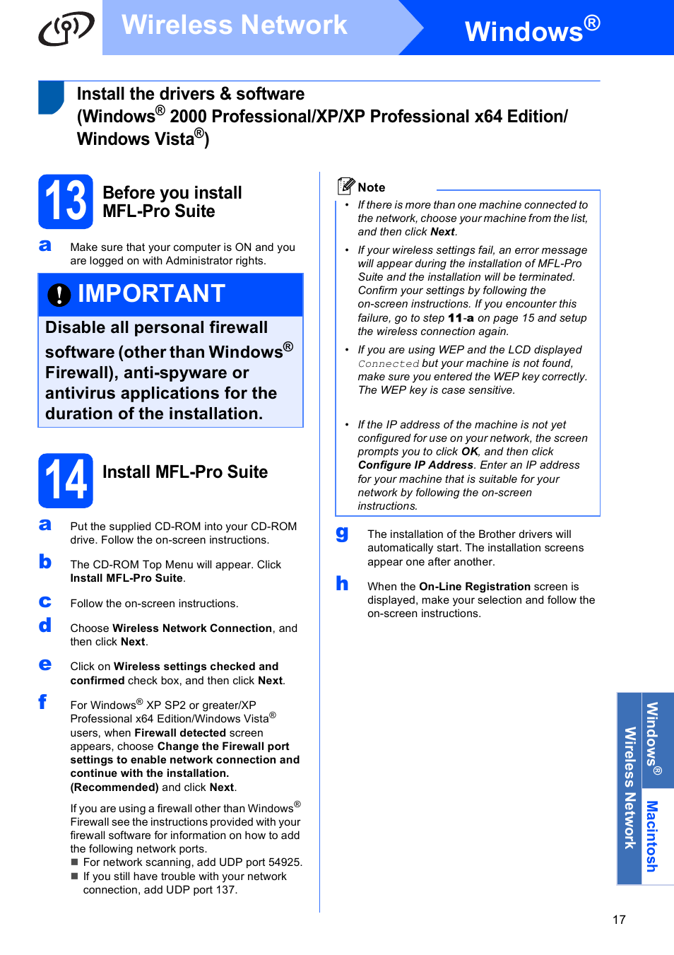 13 before you install mfl-pro suite, 14 install mfl-pro suite, Windows | Wireless network, Important, Install the drivers & software (windows, Before you install mfl-pro suite, Install mfl-pro suite | Brother DCP-377CW User Manual | Page 17 / 28