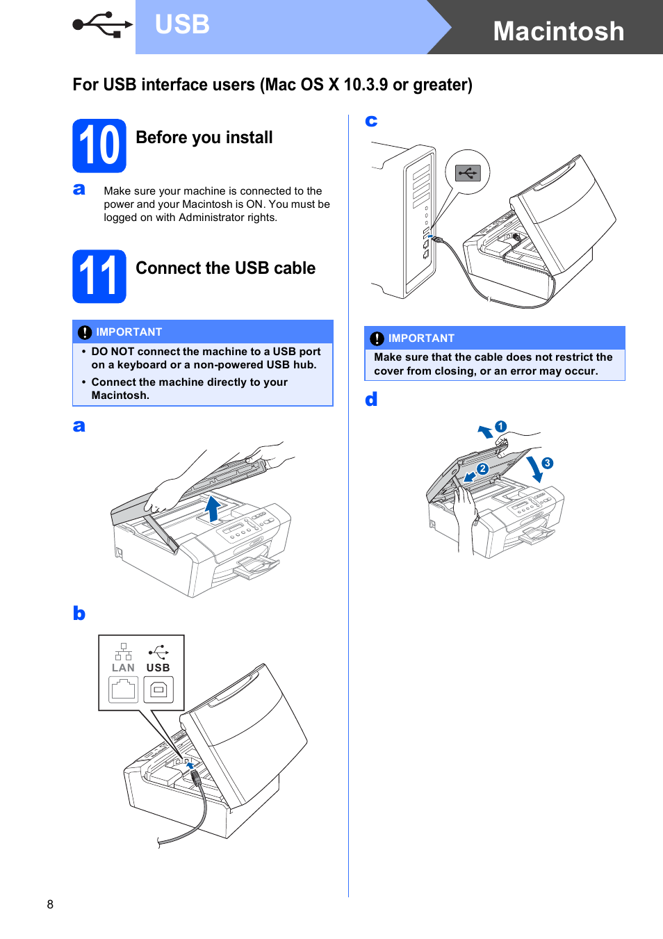 10 before you install, 11 connect the usb cable, Macintosh usb | Brother DCP-377CW User Manual | Page 8 / 28