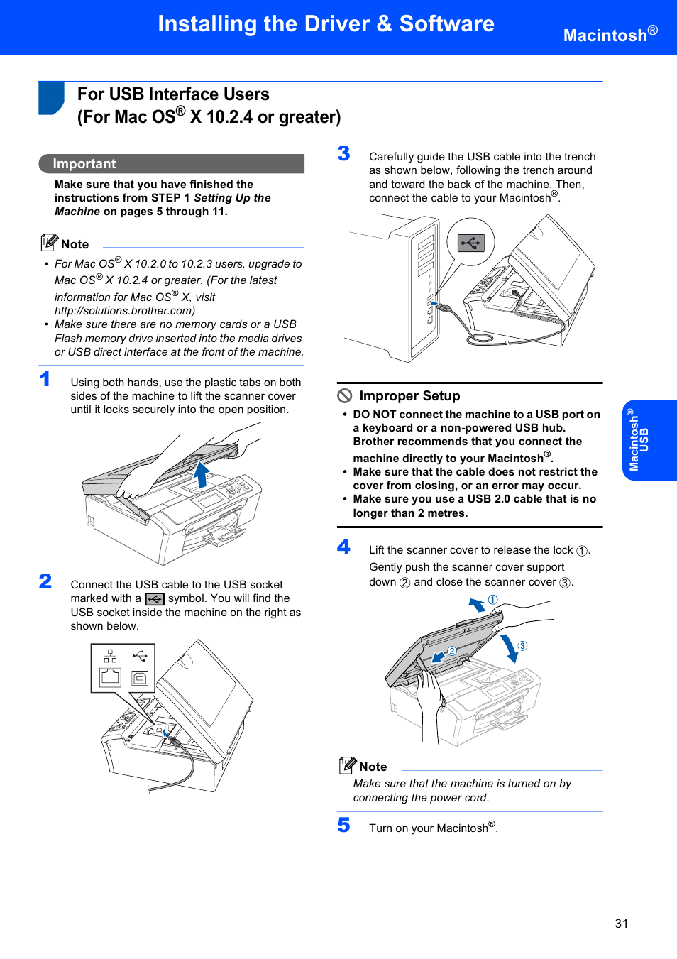 Macintosh, For usb interface users (for mac os, X 10.2.4 or greater) | For usb interface users, For mac os, Installing the driver & software, Important, Improper setup | Brother DCP-770W User Manual | Page 33 / 53