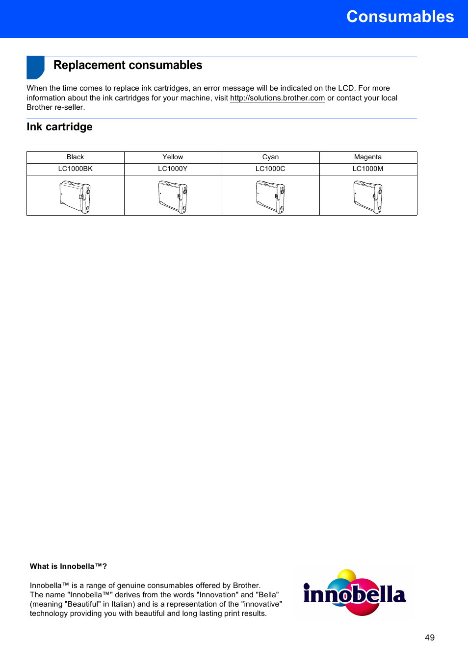 Consumables, Replacement consumables, Ink cartridge | Brother DCP-770W User Manual | Page 51 / 53