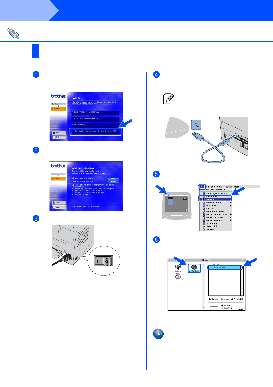 For usb interface cable users, For mac, Step 2 | Installing the driver, Os 8.6 to 9.2 users | Brother HL-1430 User Manual | Page 18 / 23