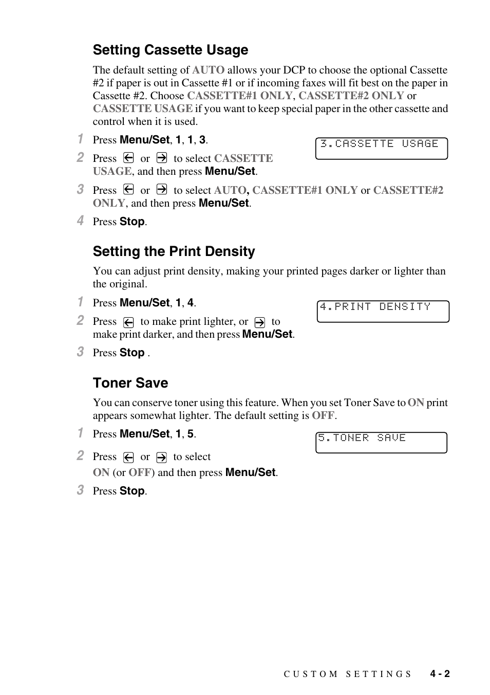 Setting cassette usage, Setting the print density, Toner save | Brother DCP1400 User Manual | Page 35 / 147