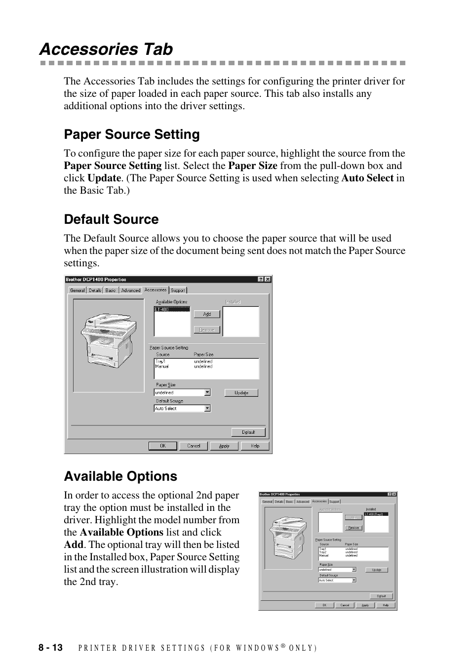 Accessories tab, Paper source setting, Default source | Available options, Accessories tab -13 | Brother DCP1400 User Manual | Page 72 / 147