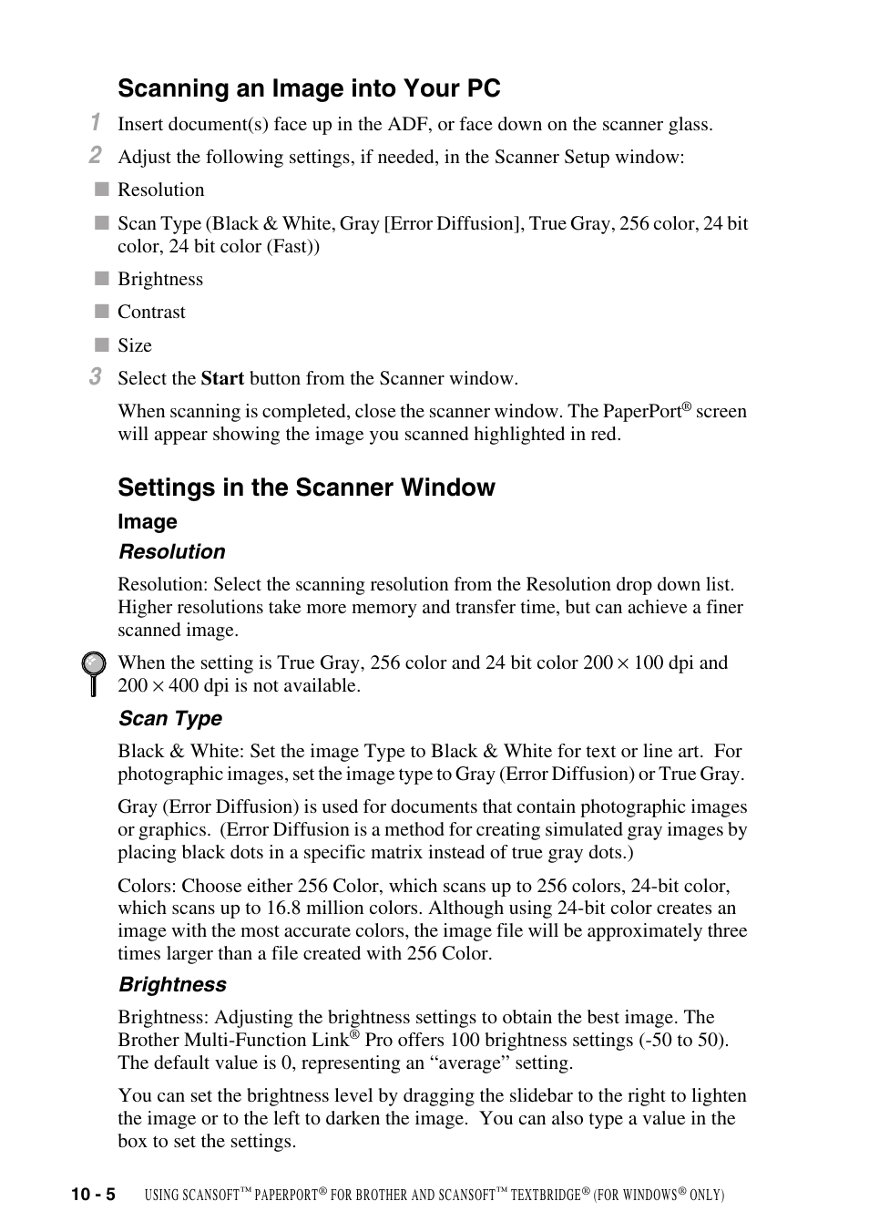 Scanning an image into your pc, Settings in the scanner window, Image | Resolution, Scan type, Brightness, Image -5, Scanning an image into your pc 1 | Brother DCP1400 User Manual | Page 98 / 147