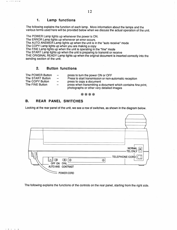 Lamp functions, Button functions, B. rear panel switches | Brother FAX-50 User Manual | Page 17 / 32