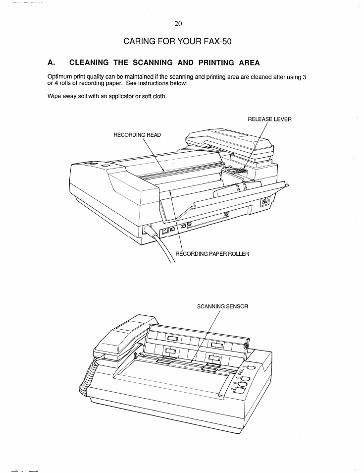 Cleaning the scanning and printing area | Brother FAX-50 User Manual | Page 25 / 32