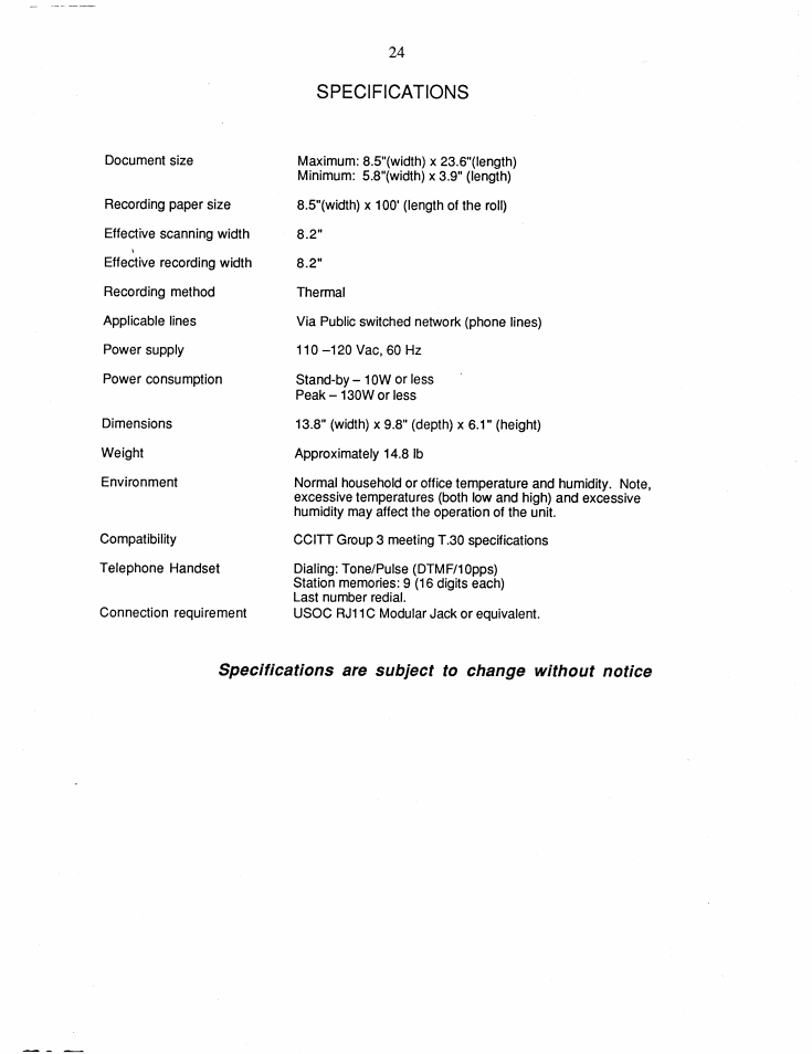 Specifications | Brother FAX-50 User Manual | Page 29 / 32