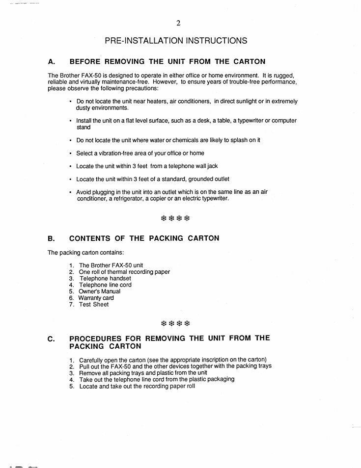 A. before removing the unit from the carton, B. contents of the packing carton | Brother FAX-50 User Manual | Page 7 / 32