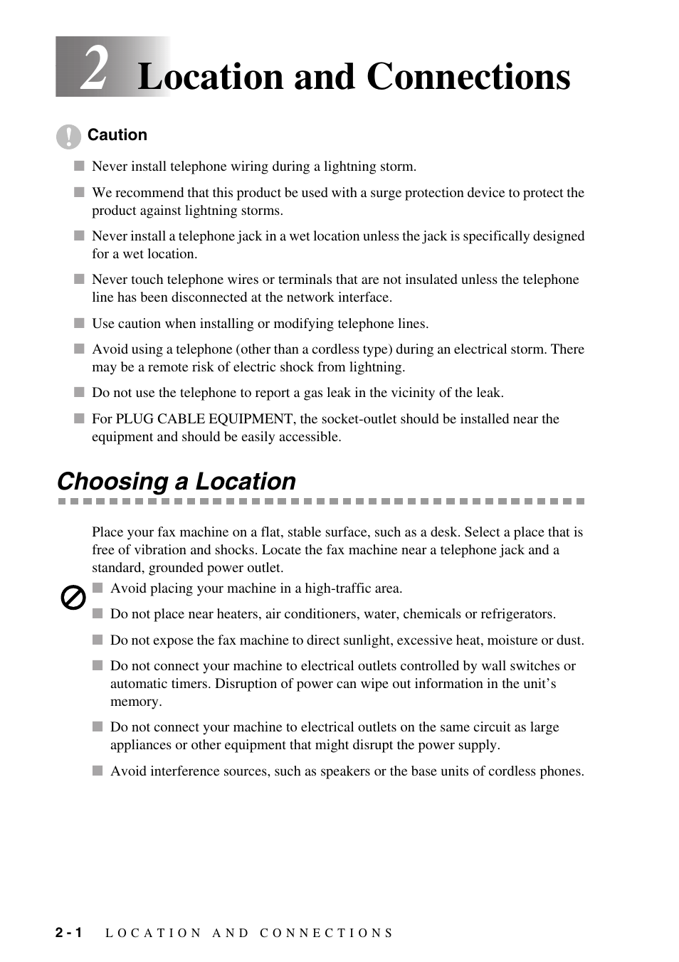 2 location and connections, Choosing a location, Location and connections -1 | Choosing a location -1, Location and connections | Brother IntelliFAX 1270e User Manual | Page 20 / 108