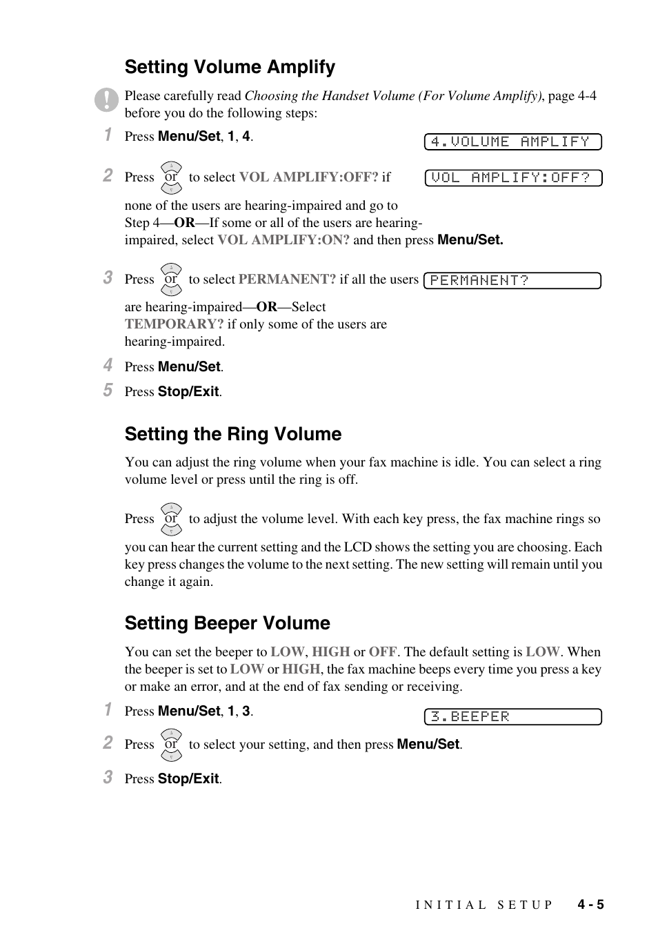 Setting volume amplify, Setting the ring volume, Setting beeper volume | Setting volume amplify 1 | Brother IntelliFAX 1270e User Manual | Page 41 / 108