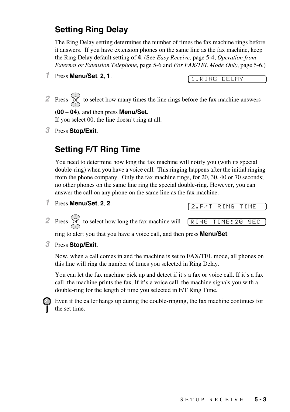 Setting ring delay, Setting f/t ring time, Setting ring delay -3 setting f/t ring time -3 | Brother IntelliFAX 1270e User Manual | Page 45 / 108
