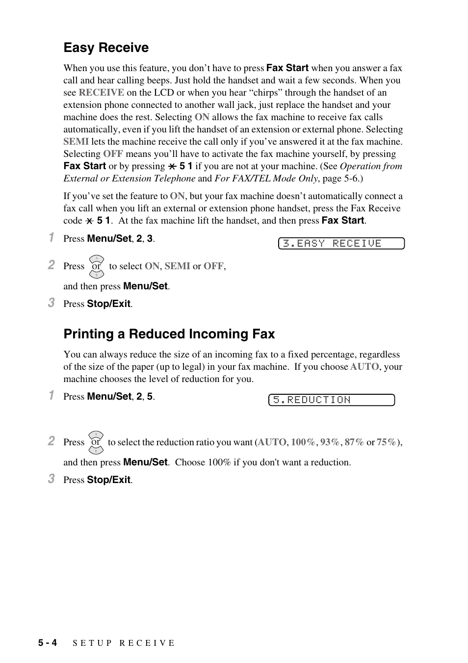 Easy receive, Printing a reduced incoming fax, Easy receive -4 printing a reduced incoming fax -4 | Brother IntelliFAX 1270e User Manual | Page 46 / 108