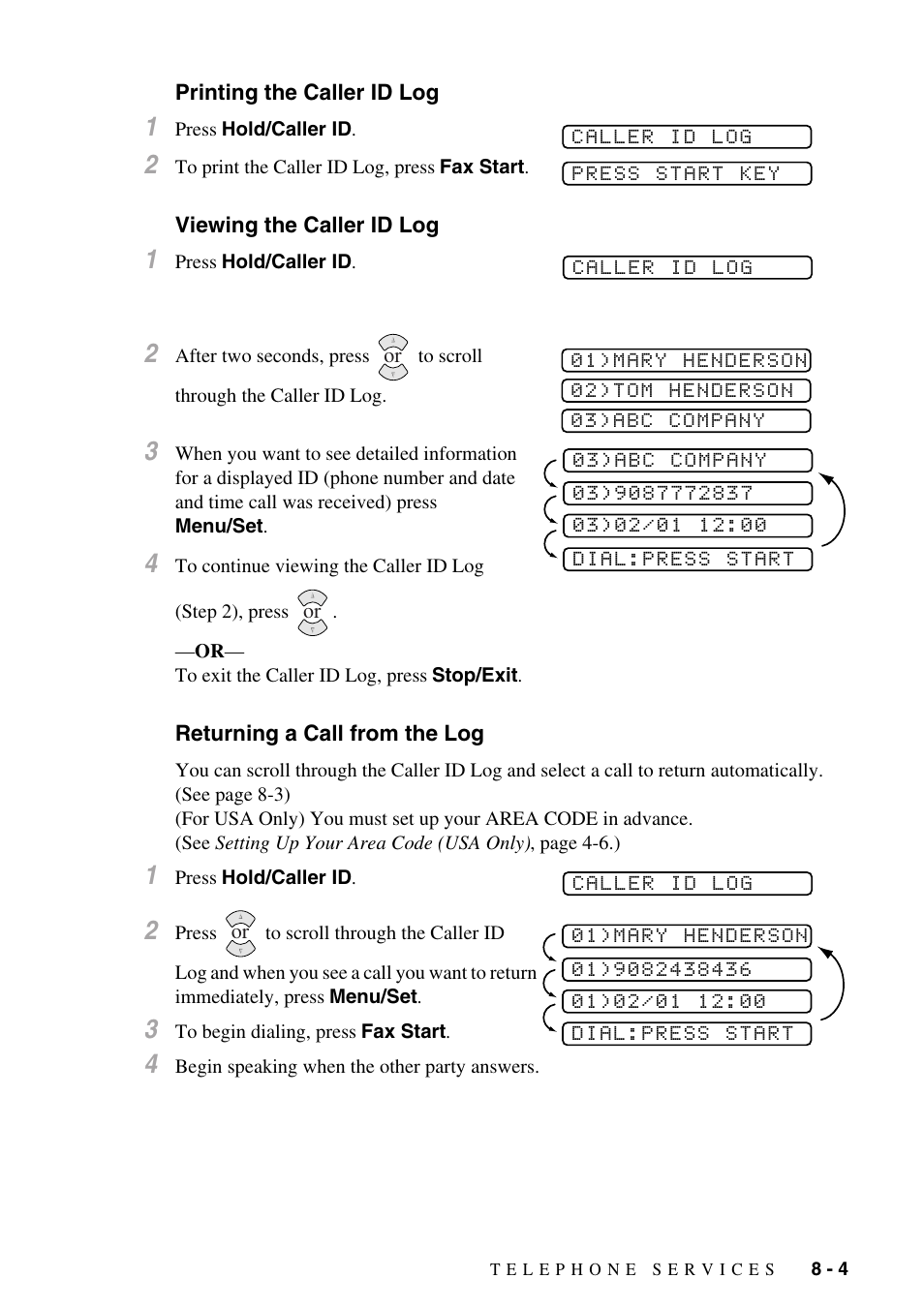 Printing the caller id log, Viewing the caller id log, Returning a call from the log | Brother IntelliFAX 1270e User Manual | Page 71 / 108