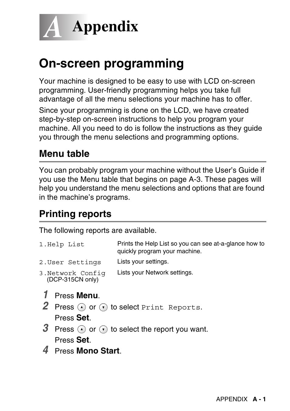 Appendix, On-screen programming, Menu table | Printing reports, T. (see, Printing reports on | Brother DCP-115C User Manual | Page 91 / 109