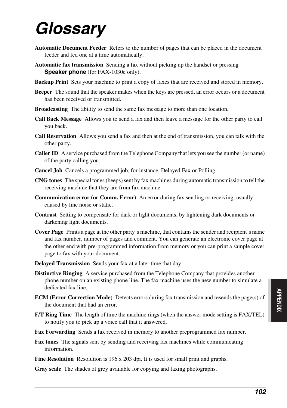 Glossary | Brother FAX-1030E User Manual | Page 109 / 118